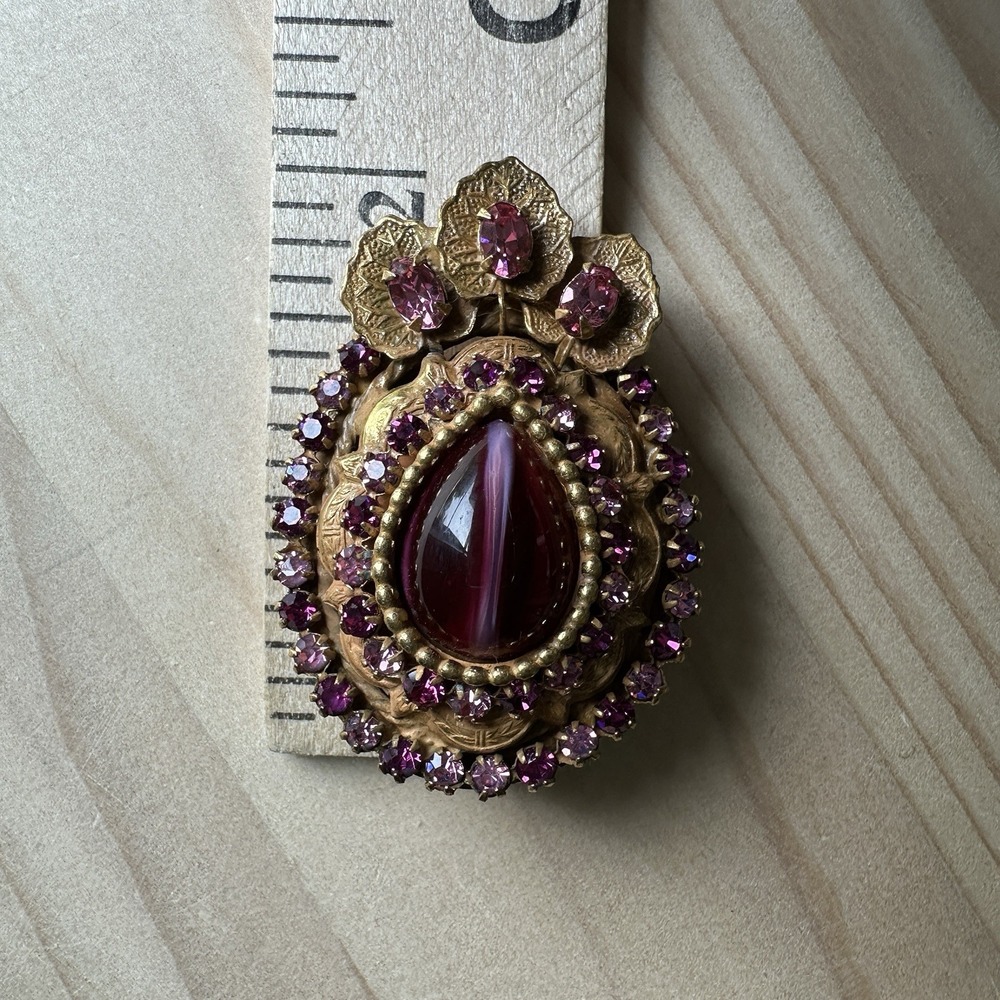 VTG Original By Robert Pendant Brooch 2 Inch Cat Eye Glass Cab Purple Rhinestone - Picture 11 of 13
